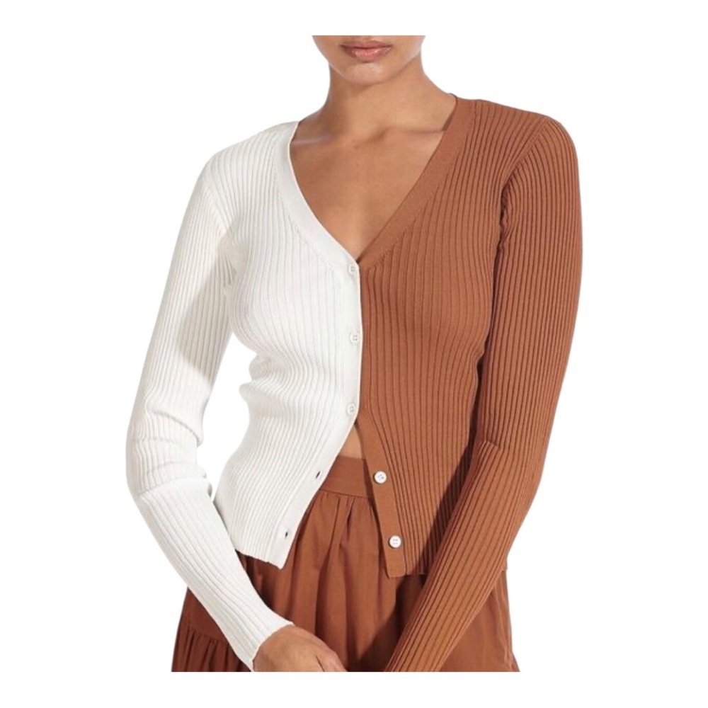 STAUD Shoko Cargo Colorblock Ribbed Cardigan White and Brown Size XS Button-up